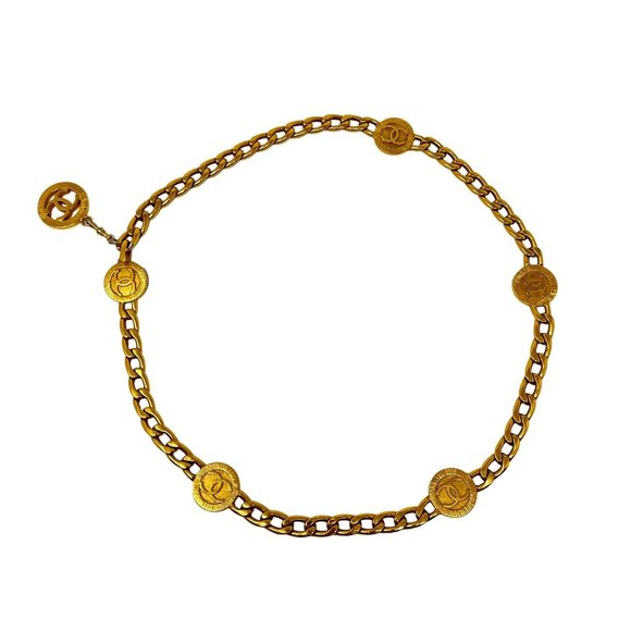 CHANEL Vintage Yellow Gold-Plated Chain Belt with CC Medallion Coins - Picture 1 of 8
